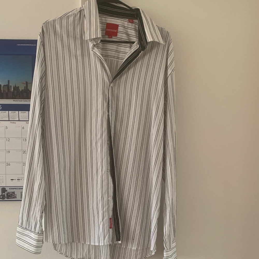 Report Collection Black and White Striped Dress Shirt